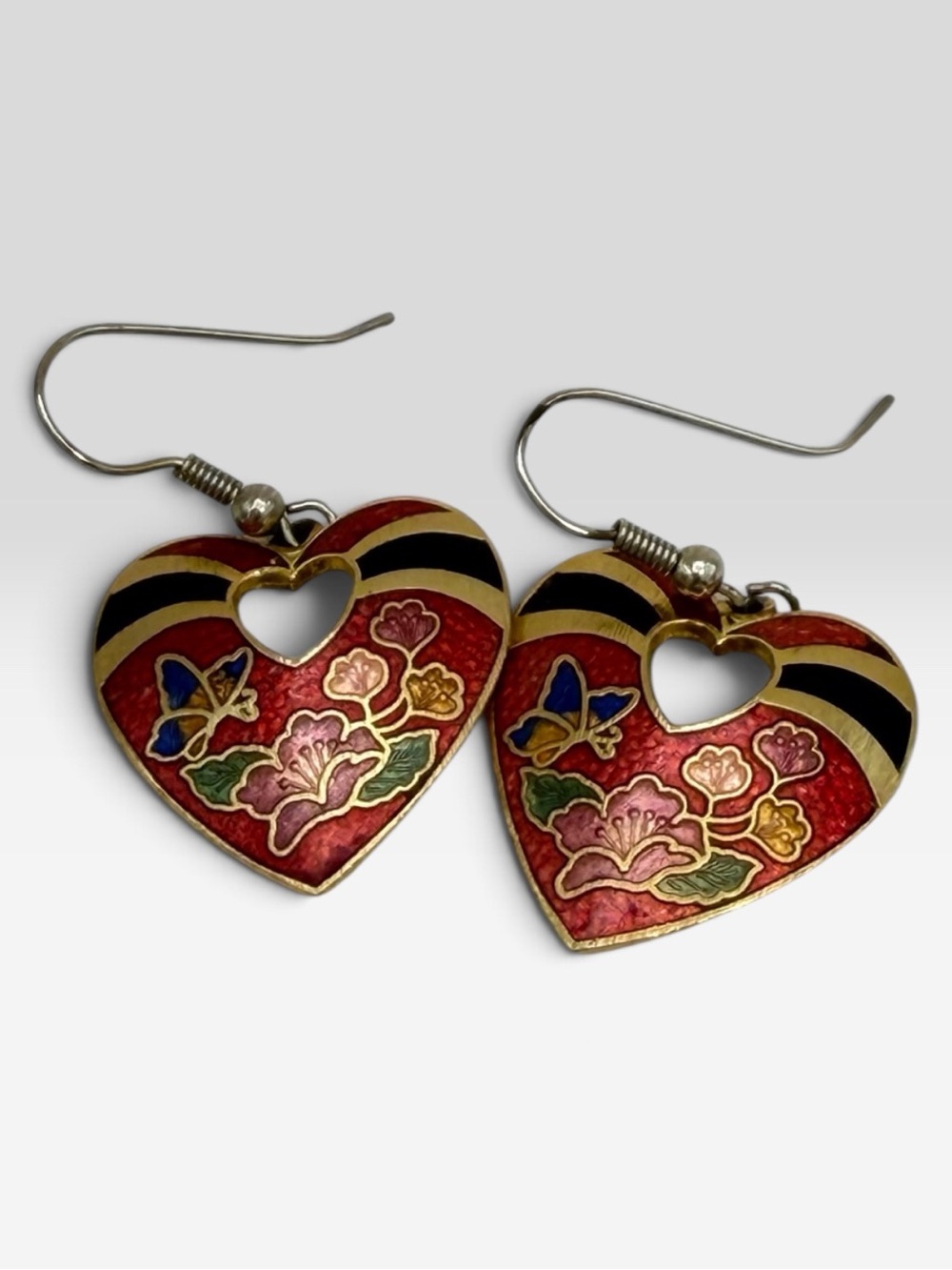 Vintage Red Heart Cloisonné Floral butterfly Drop Earrings
